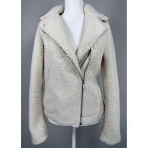 Old Navy Sherpa Moto Jacket Women ST Cream Asymmetrical Zip Biker Teddy Cozy